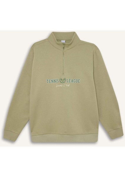 Fit Oversize Geniş Kalıp Fermuarlı Dik Yaka Baskılı Kalın Spor Sweatshirt E5703AX24WN