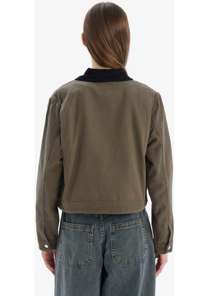 Regular Fit Kontrast Yakalı Fermuarlı Basic Düz Cepli Mevsimlik Pamuklu Ceket Mont E6260AX25SP