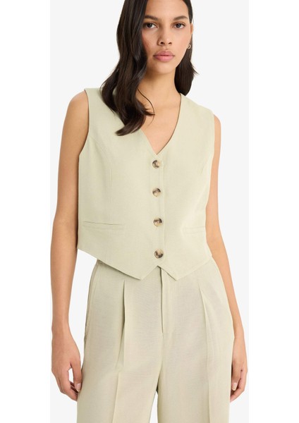 V Yaka Keten Karışımlı Blazer Yelek C3828AX25SM