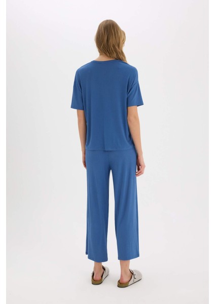 Pijama Takımı Fitilli Kaşkorse Kısa Kollu Üst Esnek Belli Kapri Boy Alt-Fall in Love E0865AX25SP
