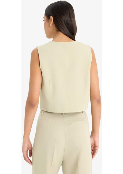 V Yaka Keten Karışımlı Blazer Yelek C3828AX25SM