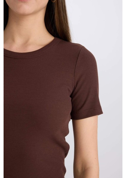 Slim Fit Dar Kesim Bisiklet Yaka Fitilli Kaşkorse Basic Düz Kısa Kollu Tişört C0097AX25SP