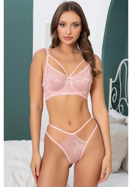Dantelli Pudra Balenli Bralet Sütyen Takımı