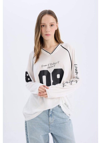 Coool Oversize Geniş Kalıp V Yaka Baskılı Forma Kumaşı Uzun Kollu Tişört E5370AX25SM