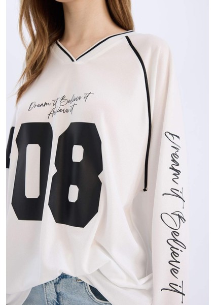 Coool Oversize Geniş Kalıp V Yaka Baskılı Forma Kumaşı Uzun Kollu Tişört E5370AX25SM