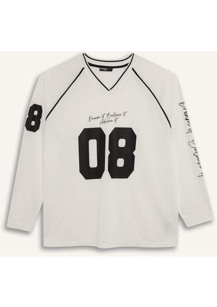 Coool Oversize Geniş Kalıp V Yaka Baskılı Forma Kumaşı Uzun Kollu Tişört E5370AX25SM