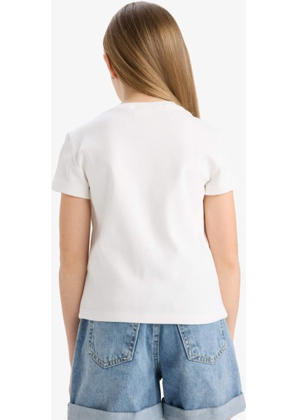 Kız Çocuk Slim Fit Dar Kesim Bisiklet Yaka Baskılı Kısa Kollu Tişört E5897A825SM