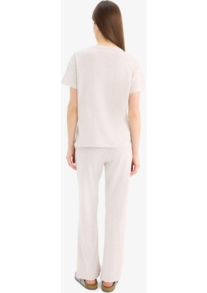 Regular Fit Pijama Takımı Kısa Kollu Üst Esnek Belli Uzun Alt-Fall in Love E5820AX25SP