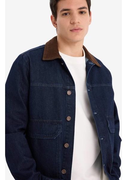 %100 Pamuk Slim Fit Dar Kesim Kontrast Yakalı Mevsimlik Baharlık Jean Ceket E5490AX25SP