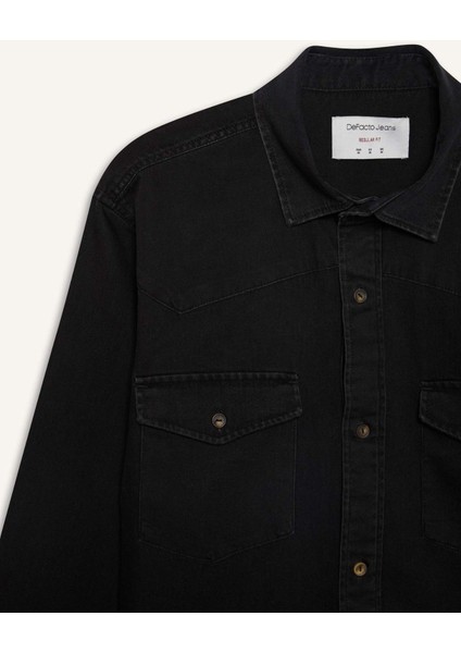 %100 Pamuk Regular Fit Jean Uzun Kollu İnce Gömlek E5711AX25SP
