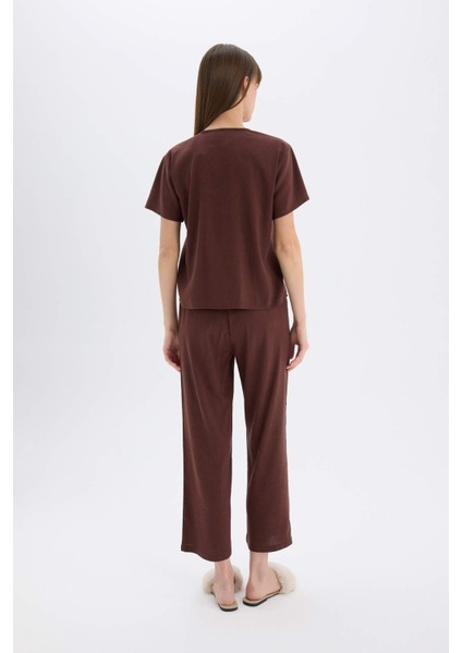 Pijama Takımı Keten Kısa Kollu Üst Beli Lastikli Alt-Fall in Love E3571AX25SP