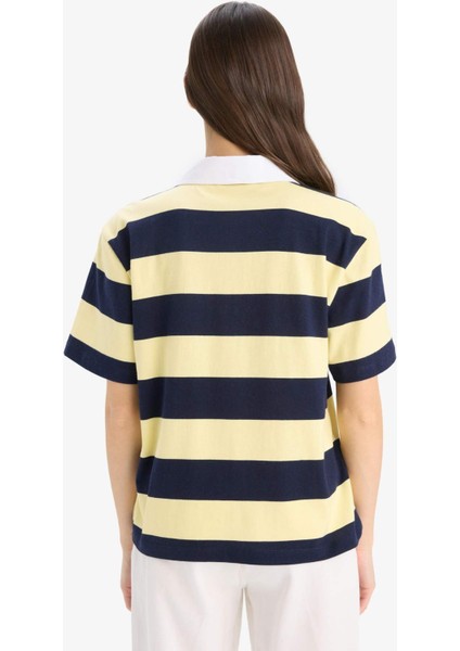 Loose Fit Polo Yaka Çizgili Kısa Kollu Tişört E6602AX25SP