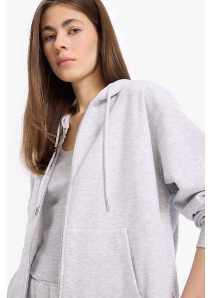 Relax Fit Kapüşonlu Cepli Basic Düz Fermuarlı Sweatshirt C1809AX25SP