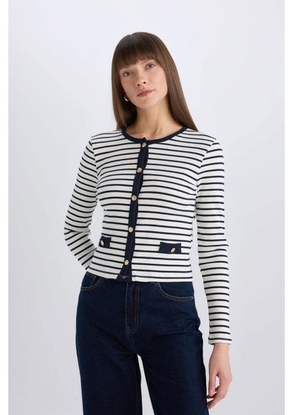 Slim Fit Dar Kesim Bisiklet Yaka Çizgili Uzun Kollu Hırka E4964AX25SP