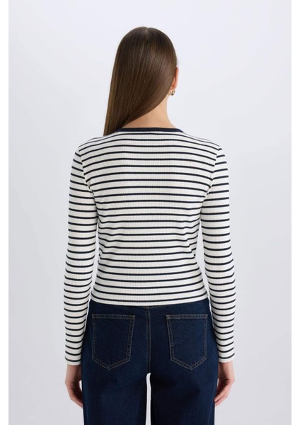 Slim Fit Dar Kesim Bisiklet Yaka Çizgili Uzun Kollu Hırka E4964AX25SP