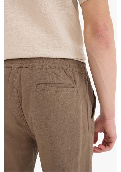 %100 Pamuk Keten Görünümlü Pantolon Beli Lastikli Slim Fit Dar Kesim Cepli Düz Paça D2671AX25SM