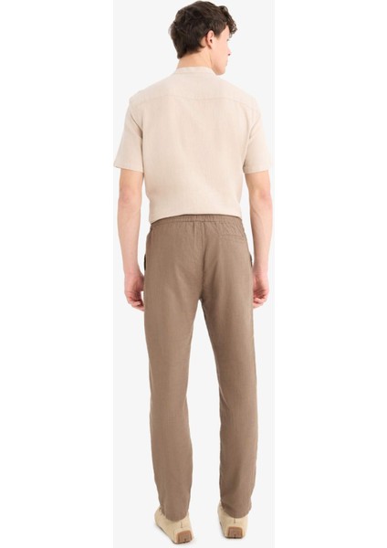 %100 Pamuk Keten Görünümlü Pantolon Beli Lastikli Slim Fit Dar Kesim Cepli Düz Paça D2671AX25SM