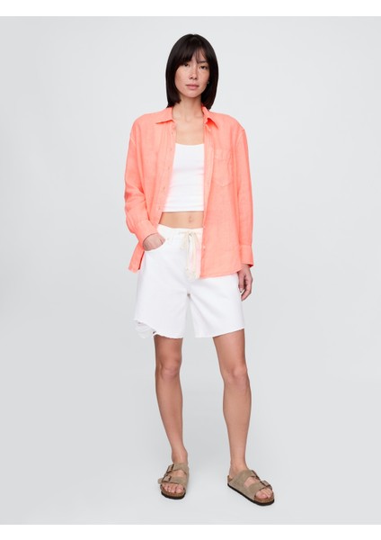 Kadın Turuncu %100 Keten Relaxed Gömlek fırsatları