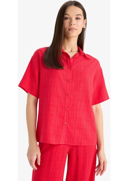 Oversize Geniş Kalıp Basic Düz Kırmızı Kısa Kollu Gömlek A9135AX25SM