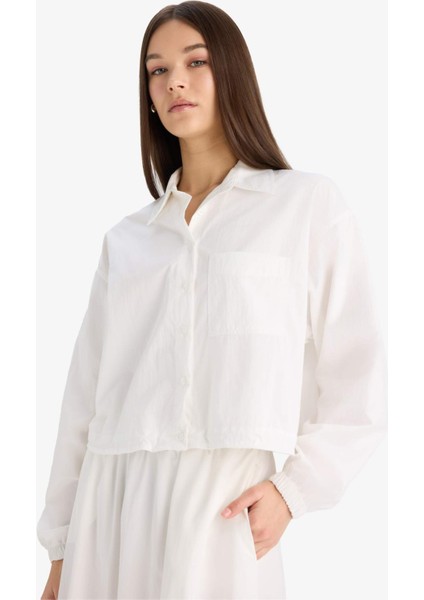 Oversize Geniş Kalıp Basic Düz Paraşüt Uzun Kollu Beyaz Gömlek E6693AX25SP