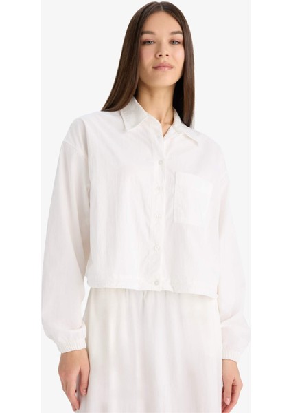 Oversize Geniş Kalıp Basic Düz Paraşüt Uzun Kollu Beyaz Gömlek E6693AX25SP