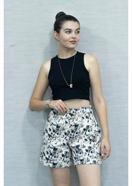 Beli Lastikli ve Düğmeli Denim Gabardin Cepli Yüksek Bel Şort 30160