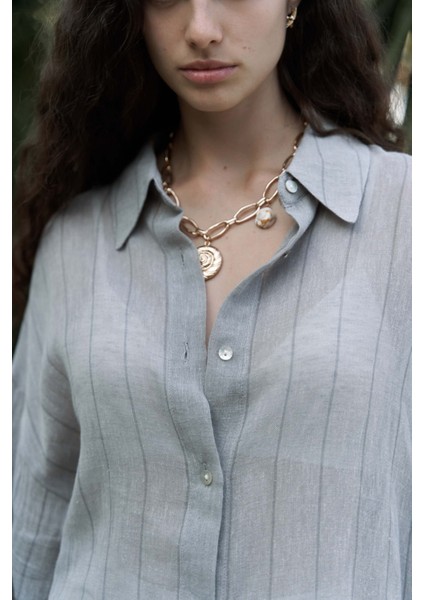 Calynn Sırt Dekolteli Çizgili Vizon Keten Gömlek