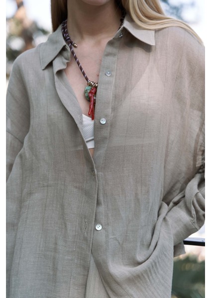 Calynn Sırt Dekolteli Çizgili Haki Keten Gömlek