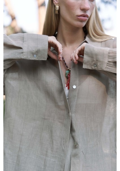 Calynn Sırt Dekolteli Çizgili Haki Keten Gömlek