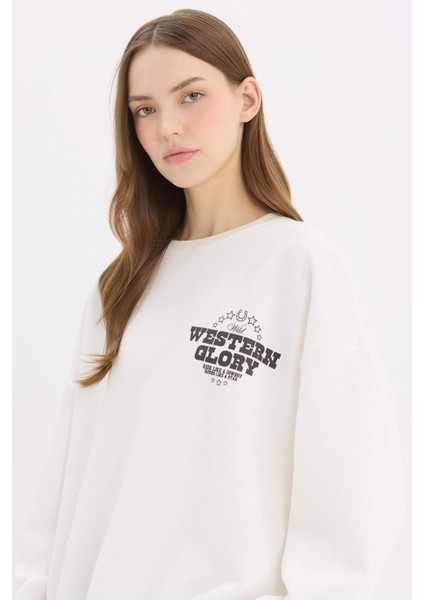 Oversize Geniş Kalıp Bisiklet Yaka Sırt Baskılı Kalın Sweatshirt E4934AX25SP