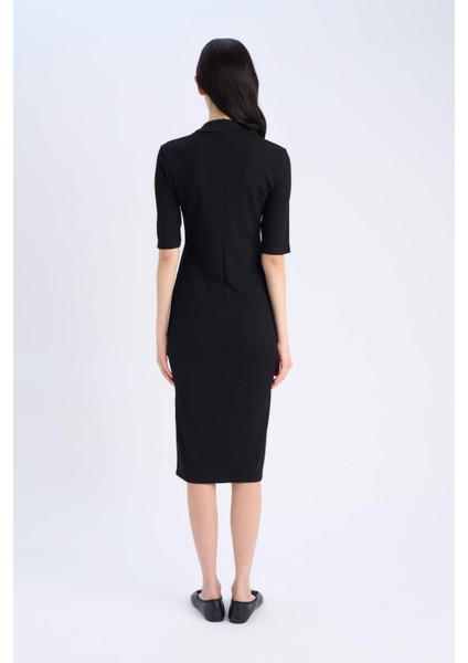 Bodycon Vücudu Saran Polo Yaka Fitilli Kaşkorse Kısa Kollu Midi Elbise E6806AX25SP