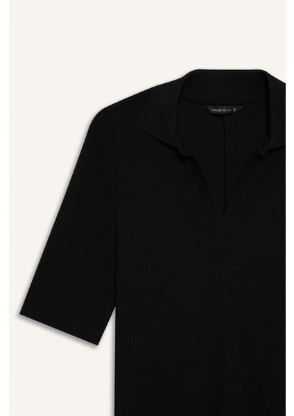 Bodycon Vücudu Saran Polo Yaka Fitilli Kaşkorse Kısa Kollu Midi Elbise E6806AX25SP