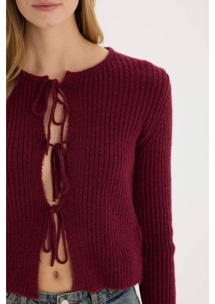 Regular Fit Bisiklet Yaka Bağlamalı Basic Düz Triko Hırka