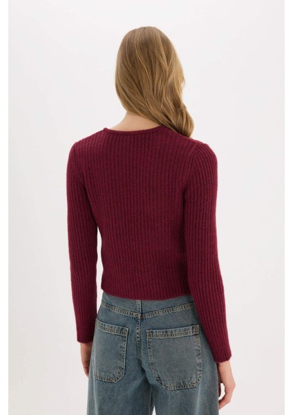 Regular Fit Bisiklet Yaka Bağlamalı Basic Düz Triko Hırka