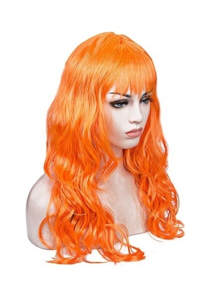 Turuncu Renk Astarlı Dalgalı Kesim Parti Peruğu