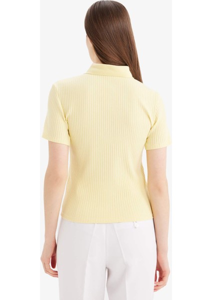 Slim Fit Dar Kesim Fitilli Kaşkorse Kısa Kollu Polo Sarı Tişört E6577AX25SP