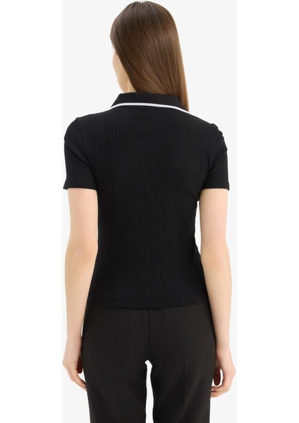 Slim Fit Dar Kesim Polo Yaka Fitilli Kaşkorse Kısa Kollu Tişört E5786AX25SP