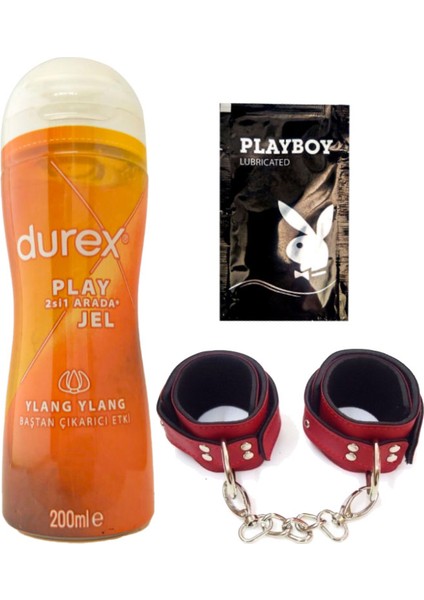 Play 2si1 Arada Ylang Ylang Baştan Çıkartmaya & Kayganlaştırmaya Jel 200 ml + Kırmızı Deri El Kelepçesi + Hediye