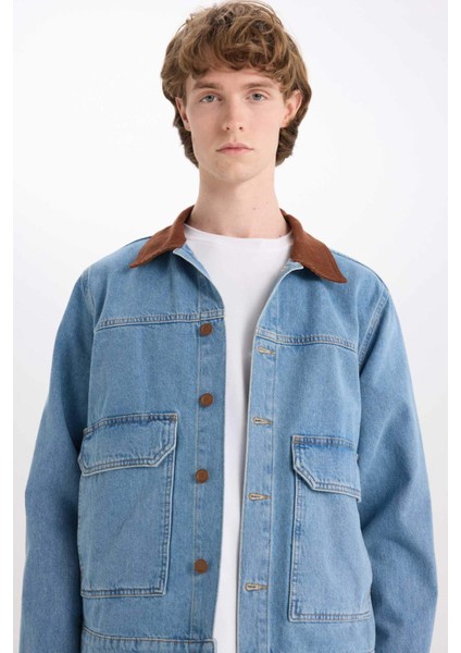 %100 Pamuk Slim Fit Dar Kesim Kontrast Yakalı Mevsimlik Baharlık Denim Ceket E6533AX25SP