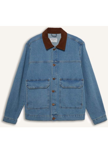 %100 Pamuk Slim Fit Dar Kesim Kontrast Yakalı Mevsimlik Baharlık Denim Ceket E6533AX25SP