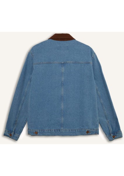 %100 Pamuk Slim Fit Dar Kesim Kontrast Yakalı Mevsimlik Baharlık Denim Ceket E6533AX25SP