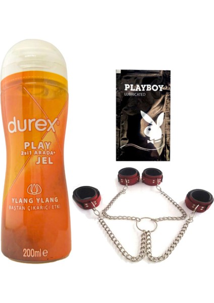 Play 2si1 Arada Ylang Ylang Baştan Çıkartmaya & Kayganlaştırmaya Jel 200 ml + Kırmızı Deri El ve Ayak Kelepçesi + Hediye