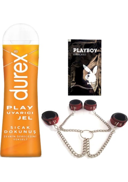 Play Sıcak Dokunuş Bay Bayan Uyarıcılı Jel 100 ml + Kırmızı Deri El ve Ayak Kelepçesi + Hediye