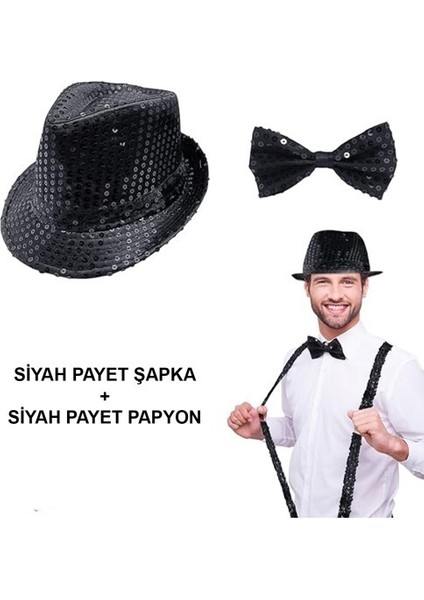Siyah Payetli Şapka ve Papyon Seti – Parıltılı Yetişkin Kostüm Seti