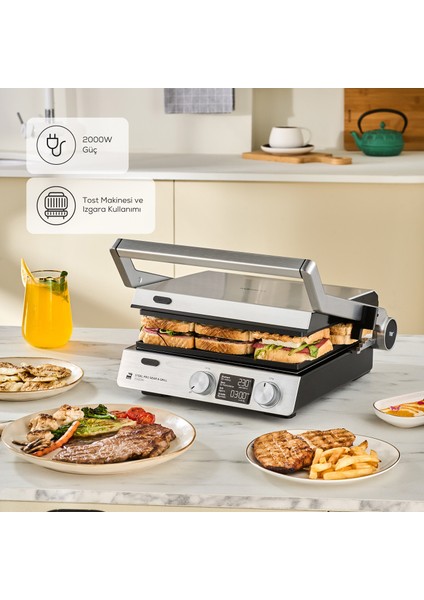 Premium Döküm Izgara ve Tost Makinesi | 3 In 1 Çok Amaçlı Kullanım | LCD Ekran | Sesli Uyarı | 6 Dilim Kapasite + Onerous Mutfak Tartısı