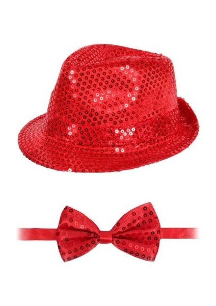 Kırmızı Payetli Şapka ve Papyon Seti – Parıltılı Yetişkin Kostüm Seti fiyatları