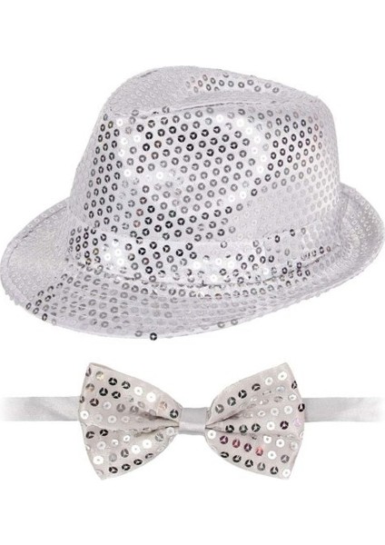 Gümüş Payetli Şapka ve Papyon Seti – Parıltılı Yetişkin Kostüm Seti fiyatları