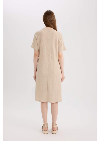 Regular Fit Apaş Yaka Basic Düz Bürümcük Kısa Kollu Midi Yazlık Elbise D3834AX25SM