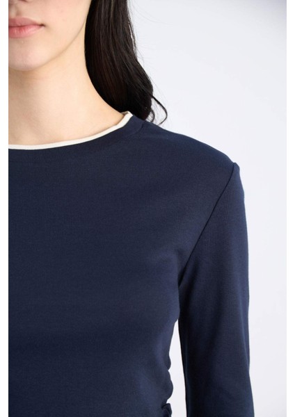 Slim Fit Dar Kesim Bisiklet Yaka Ribana Uzun Kollu Tişört E6548AX25SP