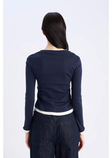 Slim Fit Dar Kesim Bisiklet Yaka Ribana Uzun Kollu Tişört E6548AX25SP
